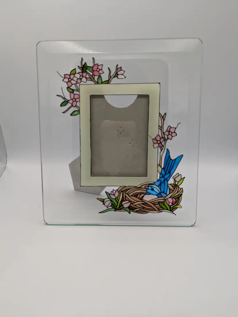 Joan Baker Hand Painted Glass Frame Blue Bird in Nest