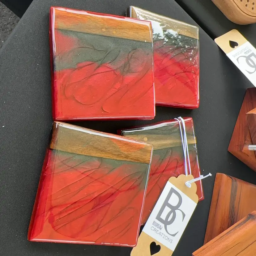 Red & Smokey black Swirl Epoxy & Walnut 4 Coaster Set - River Table  Style