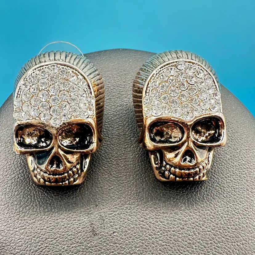 Gold-tone crystal rhinestone skull stud earrings