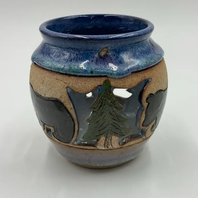 Stone Penland Pottery Tennessee Bear Tree Cutout Candle Luminary Stoneware