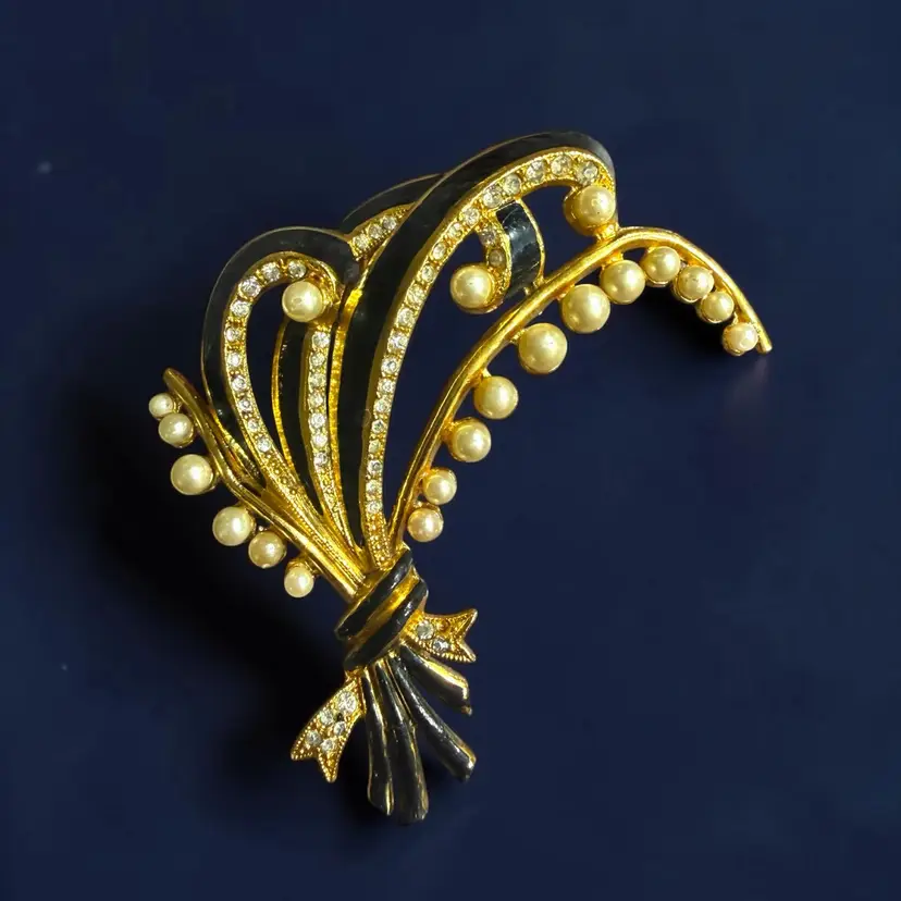 Huge Gold Plated Black Enamel Rhinestone & Faux Pearls Floral Spray Brooch - Attributed To Coro Unsigned - 2.5” x 2.75” ca. 1950s