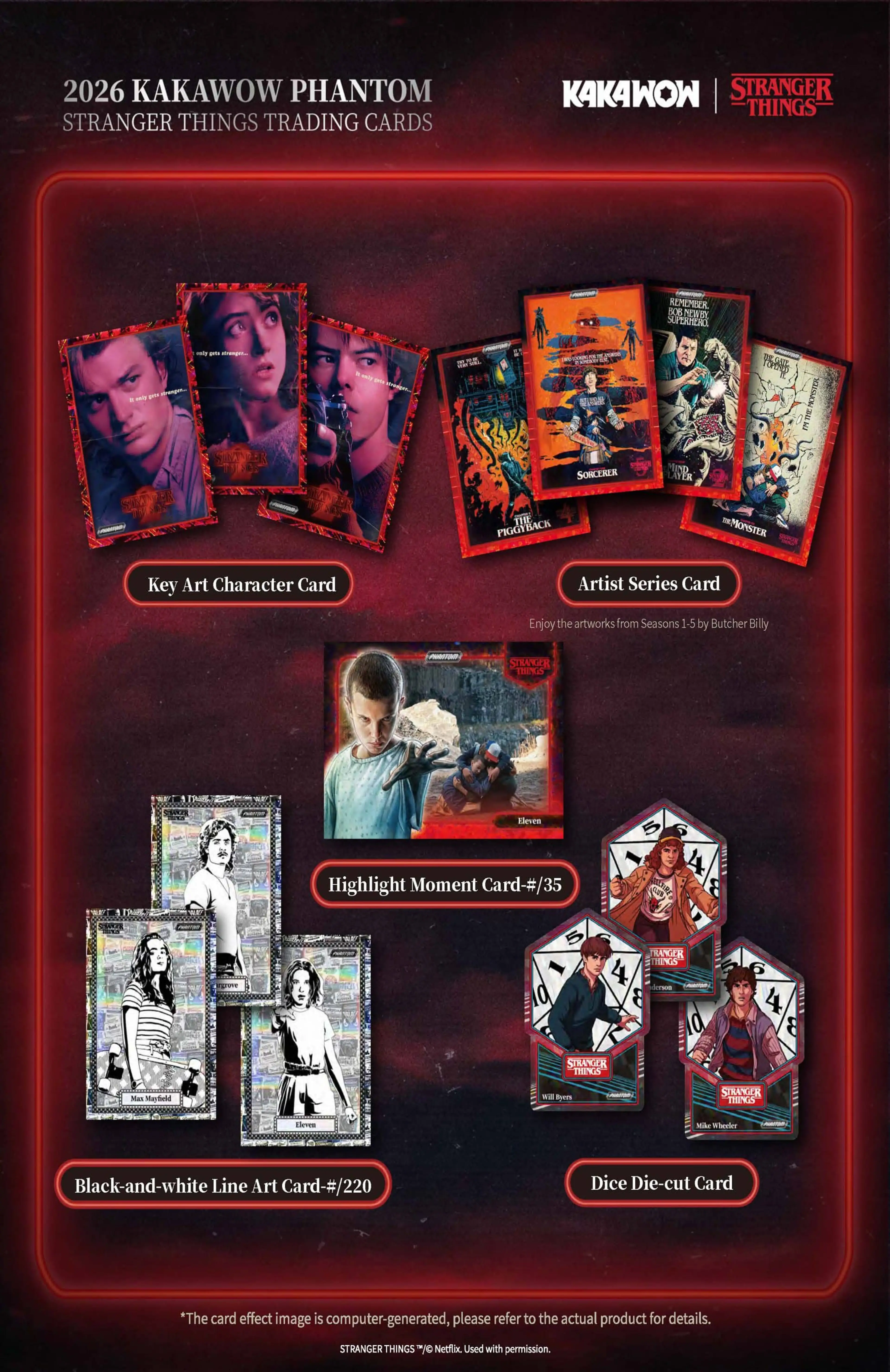 2026 Kakawow Phantom Stranger Things trading cards promotional collage featuring Eleven, 001, Eddie Munson Hellfire Club, Will Byers, Dustin Henderson autograph cards and Gold Black White 1/1 chase card designs