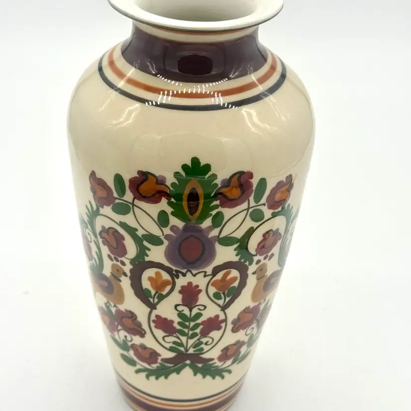 011.  Vintage Marina Greek Pottery Vase Hand Made Greece Ceramic Floral Bird Mid Century