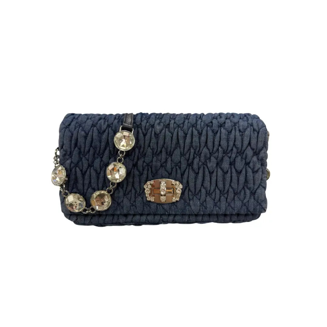 Miu Miu Blue Denim Crystal Embellished Matelassé