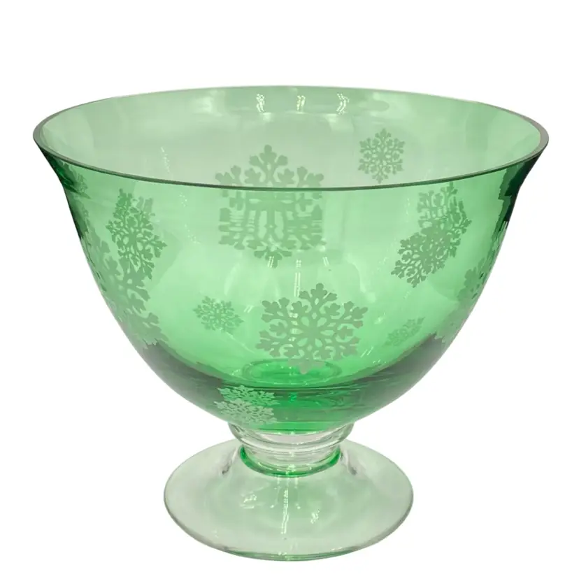 Vintage Glass Pedestal Winter Bowl, Emerald Green, Etched Snowflakes, 7"