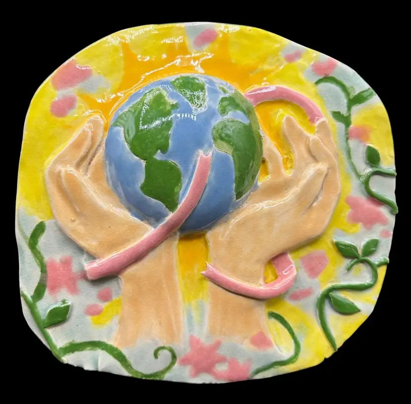 Handmade Studio Art Pottery Plaque Sculpture Mother Earth Hands Colorful Floral