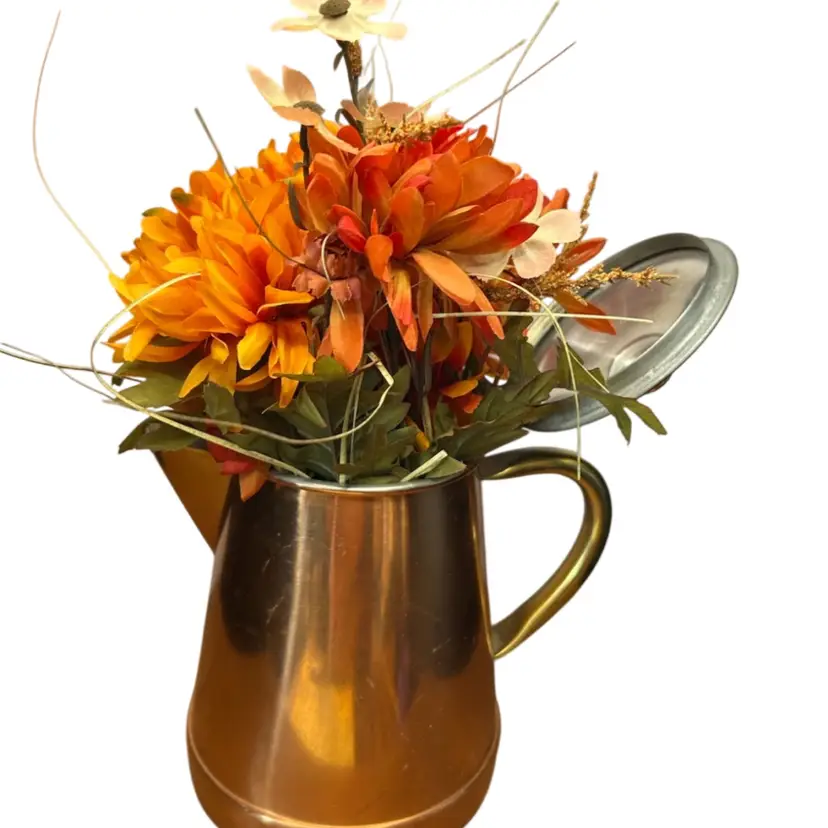 Vintage Copper Brass Made In Portugal Coffee Pot Filled With Fall Florals Some Wear And Small Dents Pot @7 “ Tall