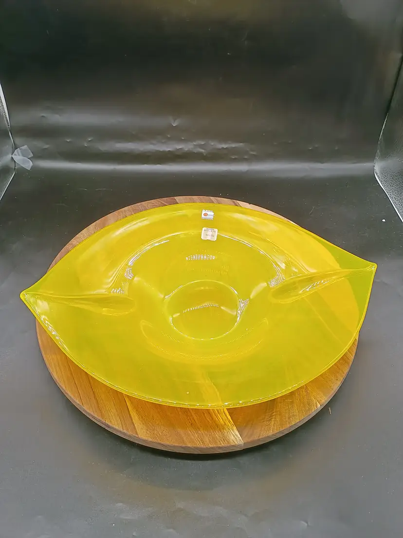 Blenko Yellow Opaline Asymetrical Centerpiece Bowl 8615L with Labels .