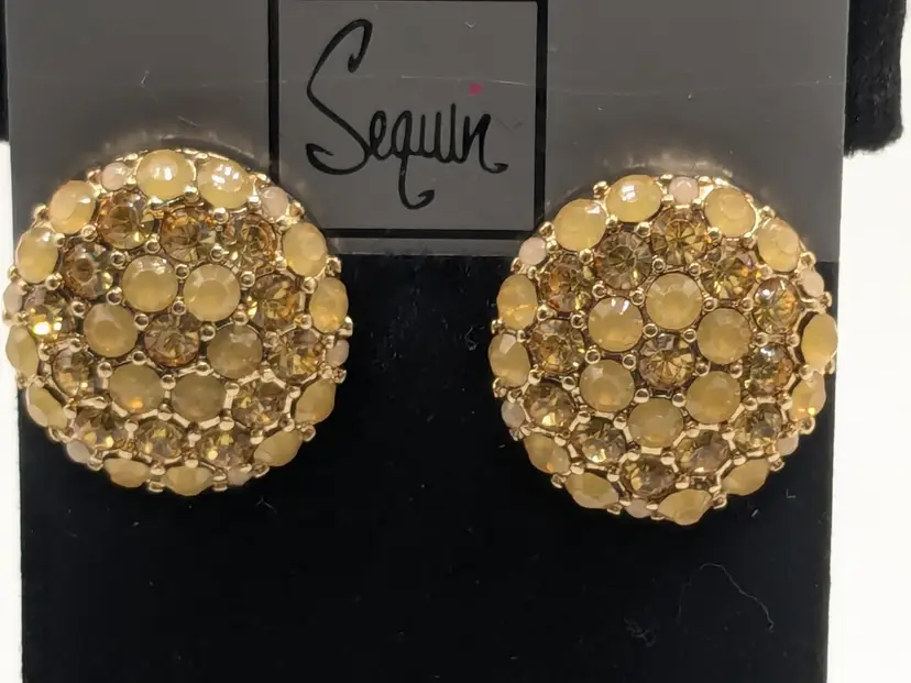 Sequin Gold Tone Crystal Button Clip On Earrings NWT