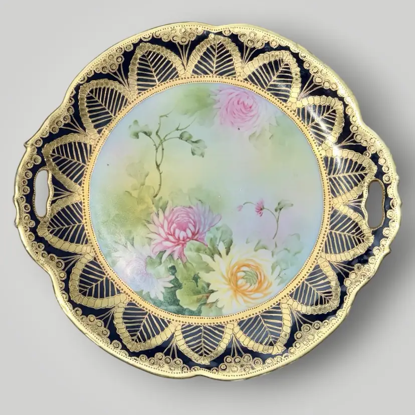 Antique Nippon Hand Painted Porcelain 10” Handled Tray Cobalt Gold Floral 1891