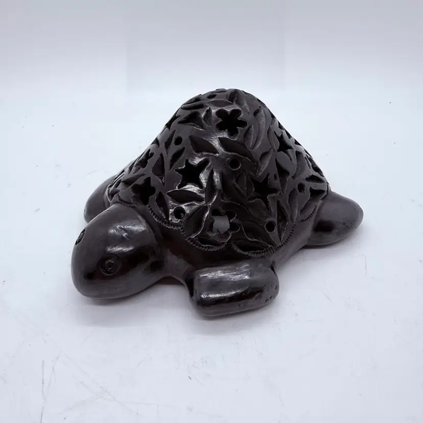 Barro Negro Mexican Black Clay Turtle Reticulated Pierced Figurine Oaxacan