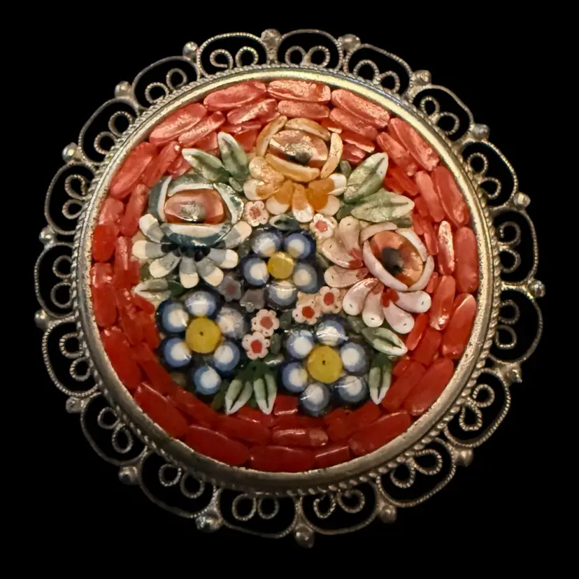 Micro Mosaic Floral Brooch 1.75”