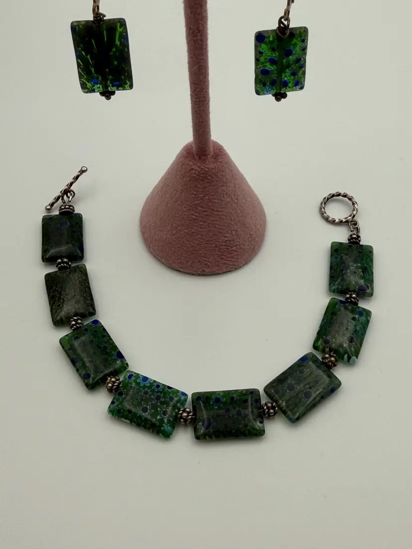 Green & Blue 8" Rectangle Millefiori Glass Bracelet & Matching Earrings Lampwork