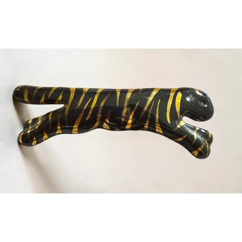 80s Ceramic Black Tiger Gold Stripe Brooch