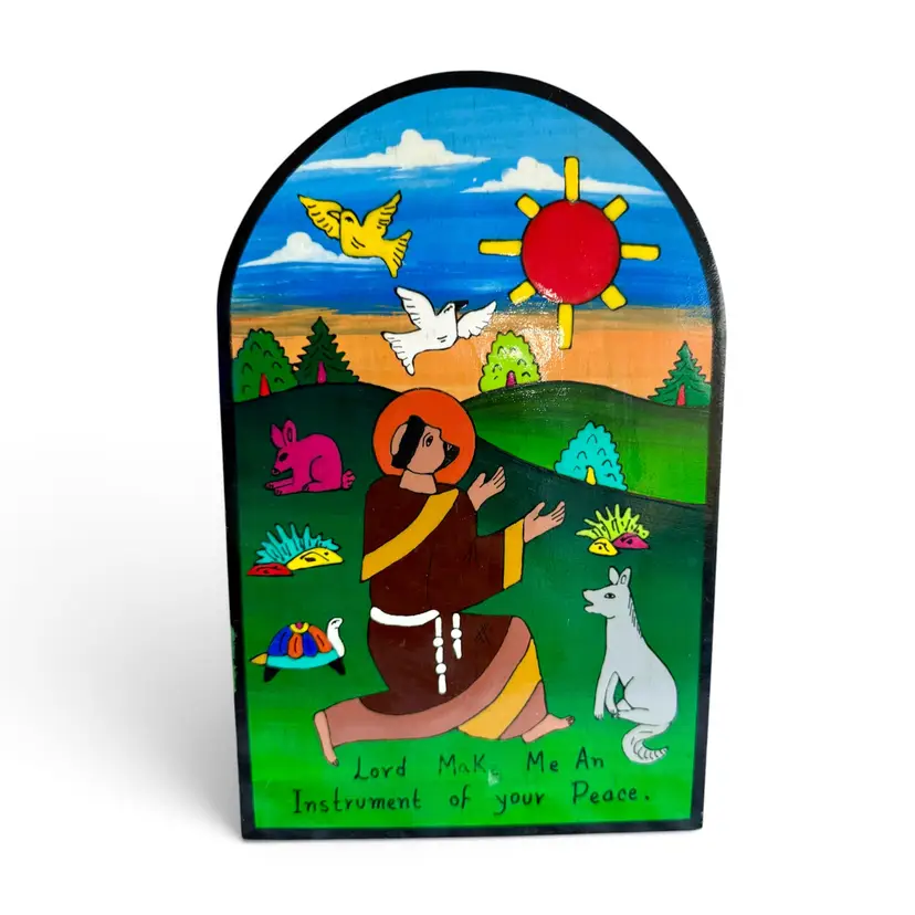 Vintage Handmade & Painted Colorful Wall Plaque Prayer Saint ~ EL SALVADOR