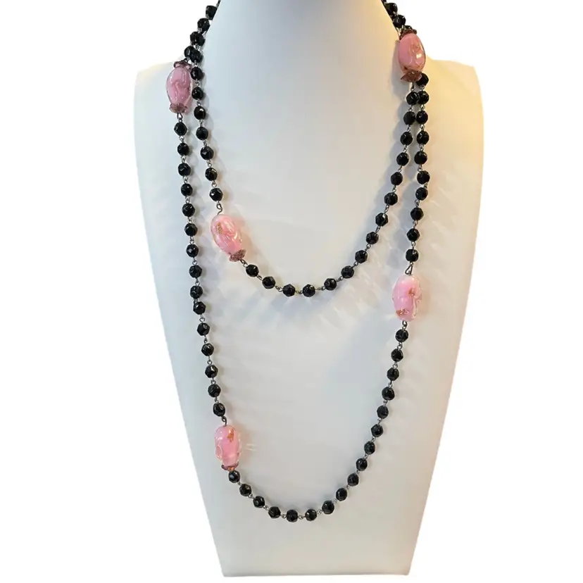 15 Hand Blown Pink Cased Glass Bead, And Black Faceted Glass Bead 46 Inch Necklace
