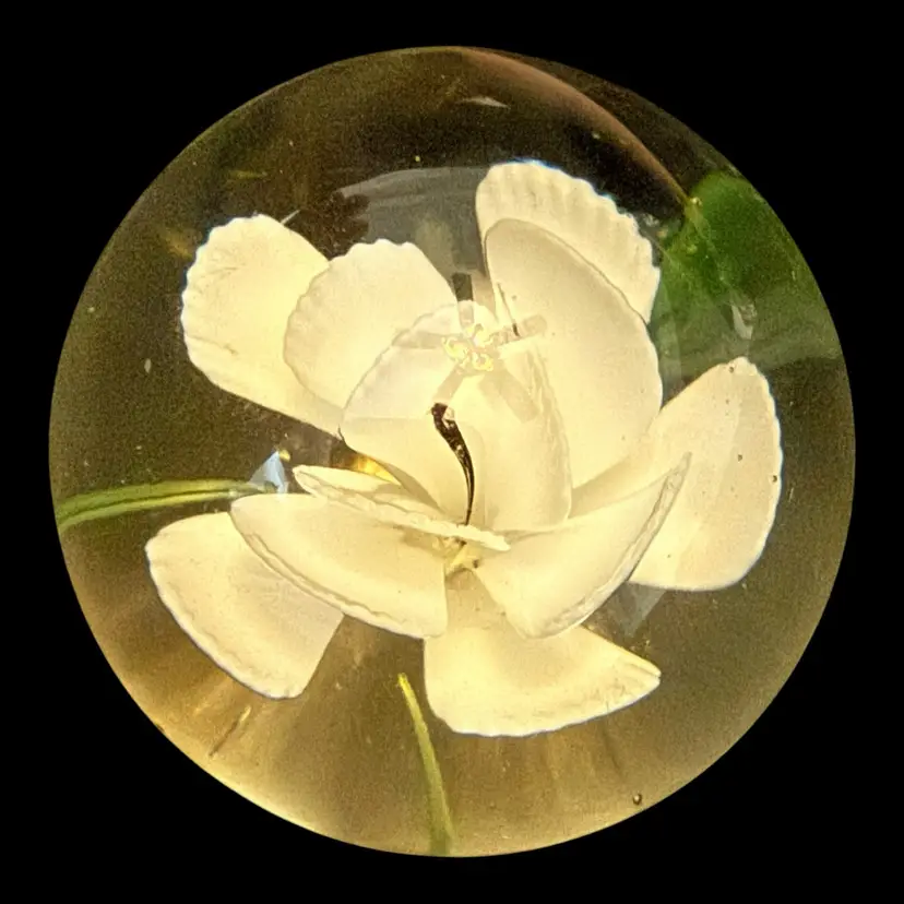 White Floral Glass Paperweight 2.25”
