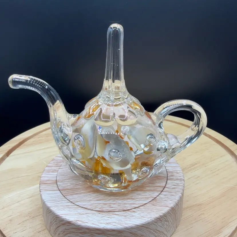 🐞Vtg  Joe St Clair Uranium Glass Teapot Paperweight Ring Holder Glows UV Amber                 
4 3/8x5”