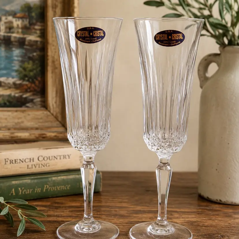 Vintage Set of 6 Lead Crystal Champagne Flutes 24% Lead Crystal -Made in USA