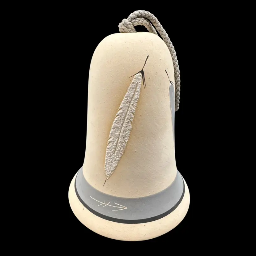 Native American Pottery Bell Wind Chime Signed Grey Feather 6”T