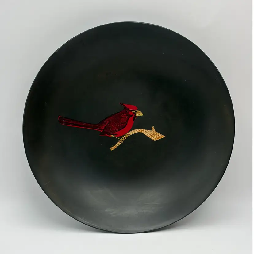 Vintage, MCM, Couroc of Monterey, CA, Red Cardinal Inlay, 8" Serving Bowl, Label
