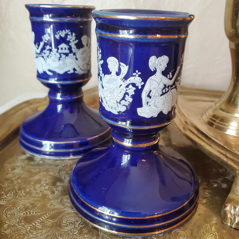 Pair of Watkins Grecian Cobalt Candle Holders