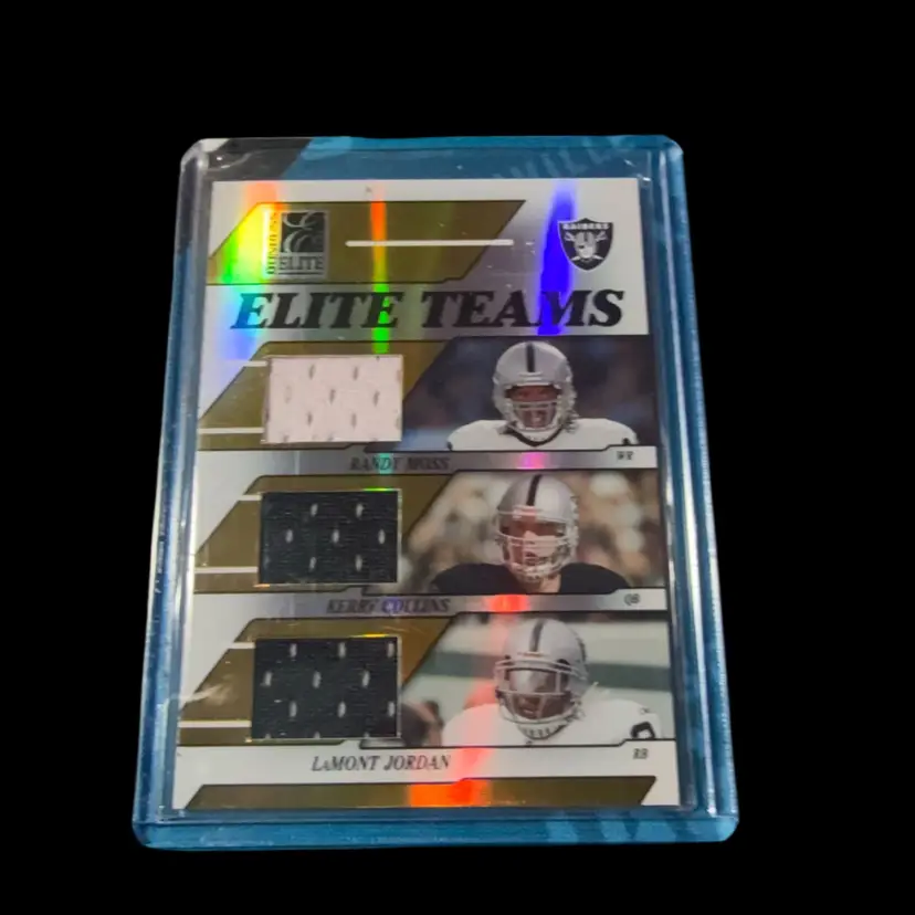 Randy Moss, Kerry Collins, Lamont Jordan Donruss Elite Elite Teams Triple Patch /99 Las Vegas Raiders