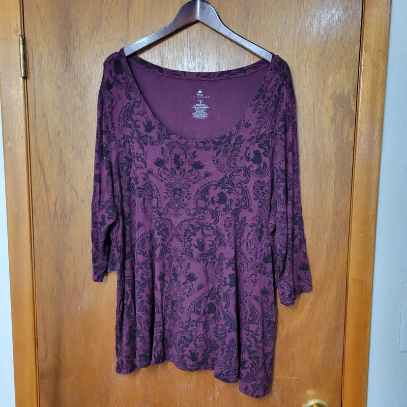 Disney Princess Purple Damask Belle Top 3/4 Sleeve Scoop Neck Plus Size 3 3X