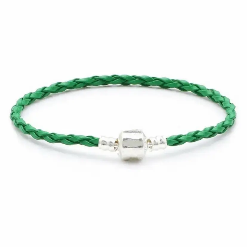 Green Braided PU Leather Silver Plated European Charm Bracelet 7 inches