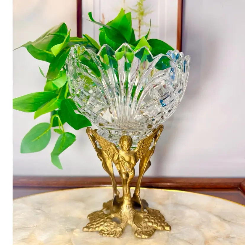 😻 Brass Winged Angel Figural Stand w/ Cut Glass Crystal Bowl – 9.5”