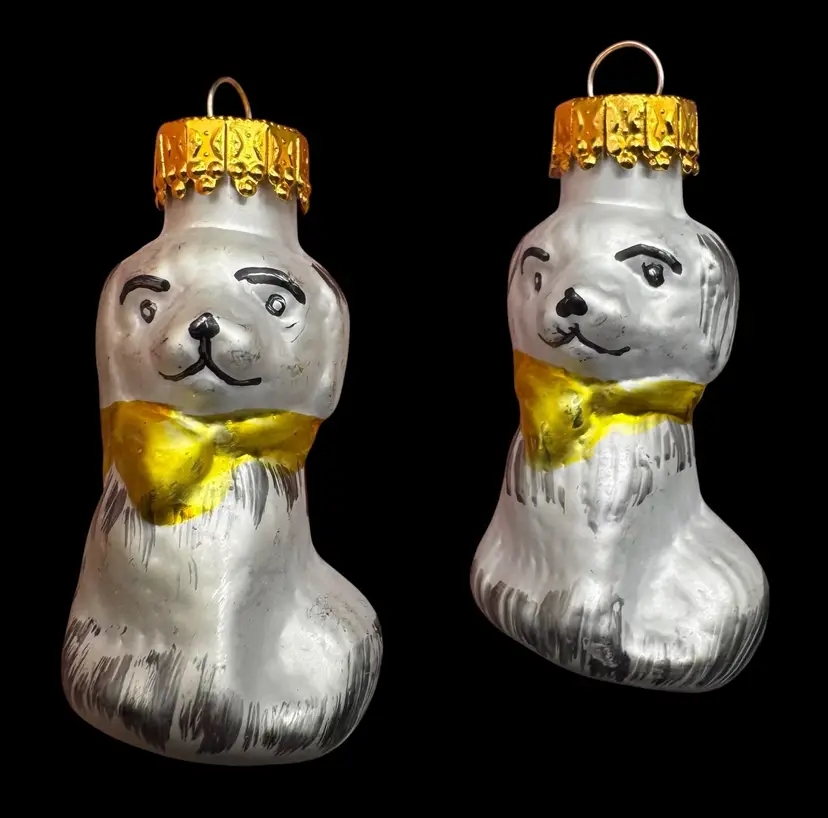 Set of 2 G&D Blown Glass Christmas Tree Ornaments Mini Dog White Yellow 2.25”