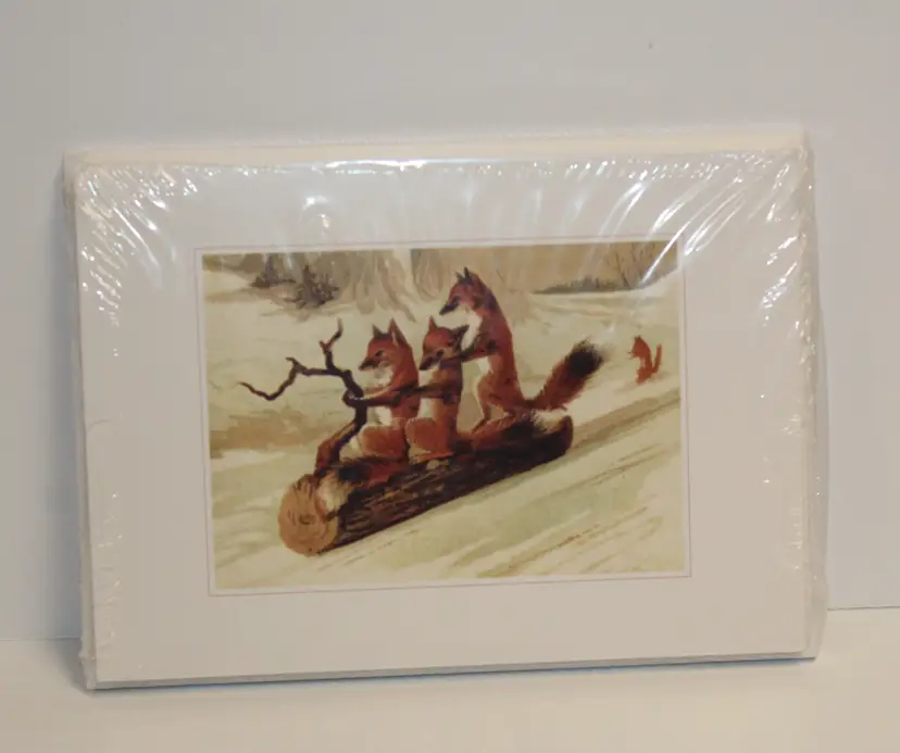 Sealed package of 10 Victorian Trading Company 'Sledding Foxes' Holiday Cards and Envelopes - Unused