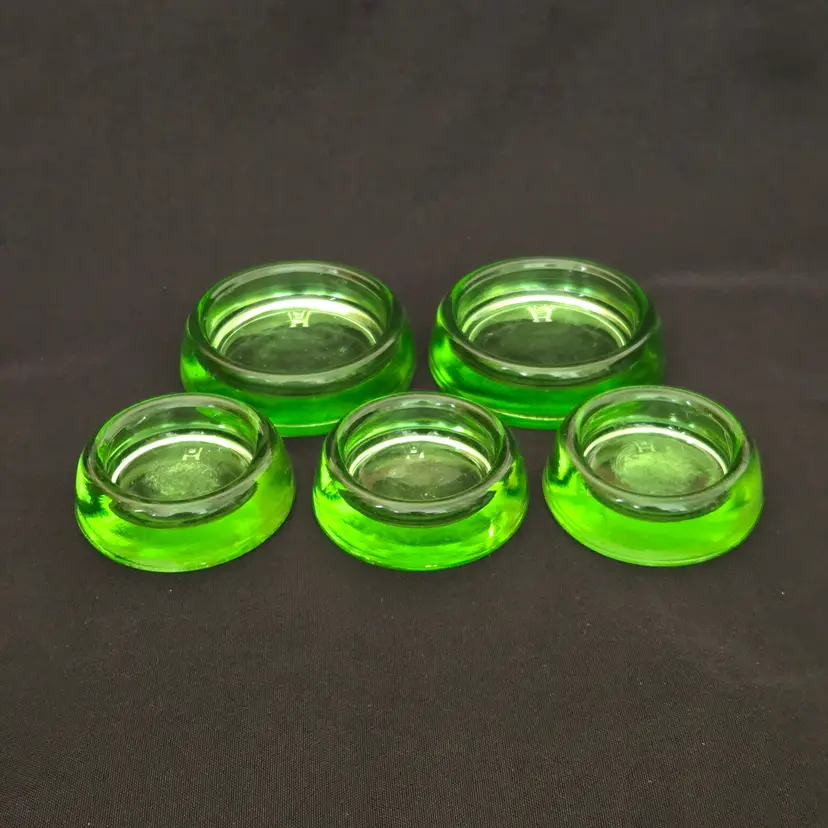 Uranium Glow Glass Furniture Coasters Hazel Atlas Green Depression 2 Sizes (set of 5)