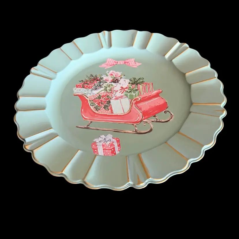 20 Vintage Made By Me Kitschy Retro Sleigh Christmas Scalloped Edge Hard Plastic Epoxy Top Serving Tray