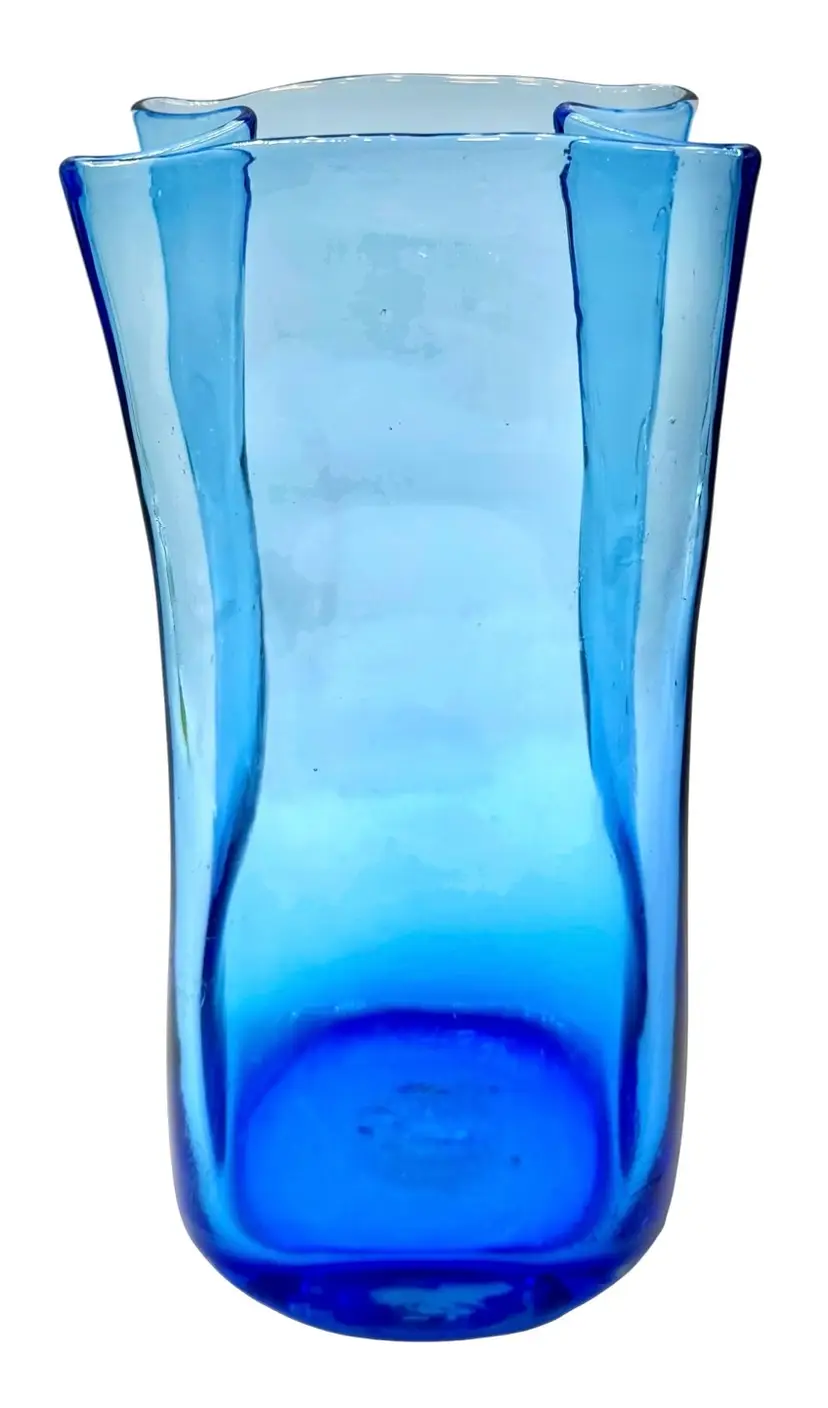 Vintage Blenko Art Glass Paper Bag Vase #8813S Azure Blue 8.5”