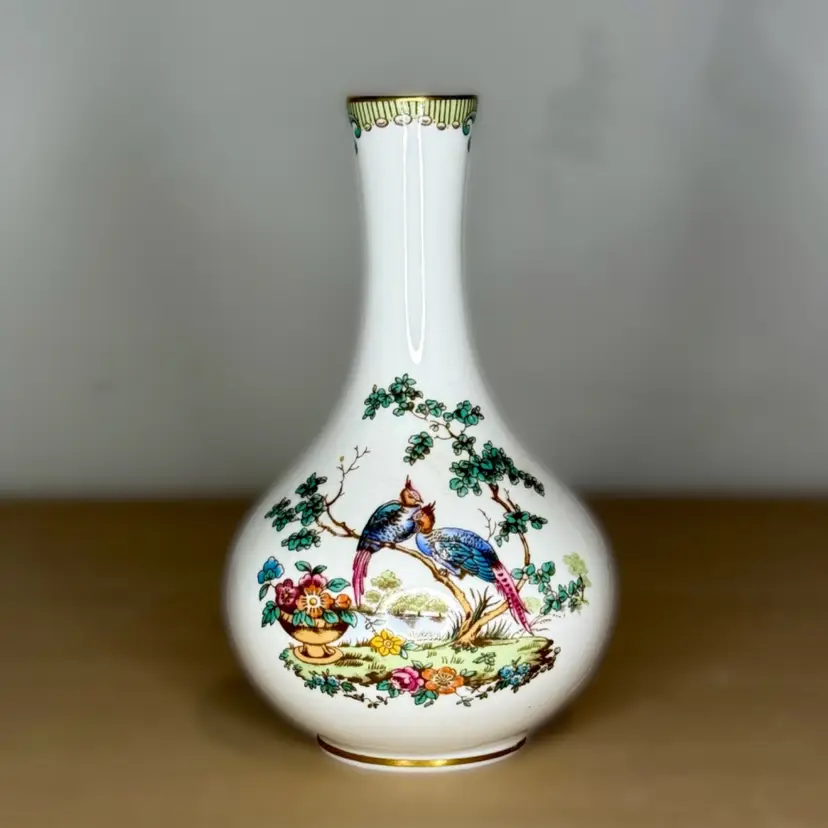 Vintage Signed Spode Elysee Hand Painted Birds of Paradise Flowers Gold-Trimmed Bone China Bud Vase England