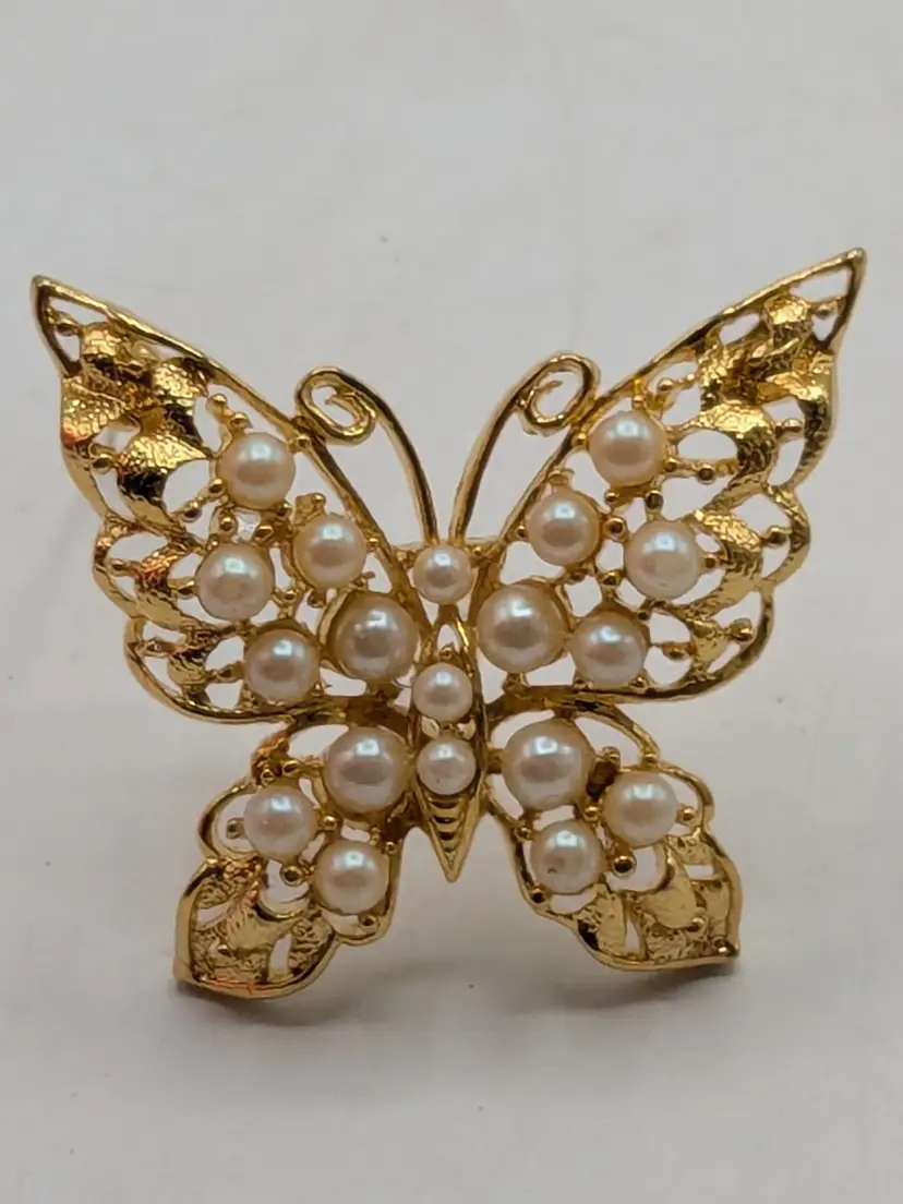 Vintage Gold Tone Butterfly Brooch with Faux Pearls