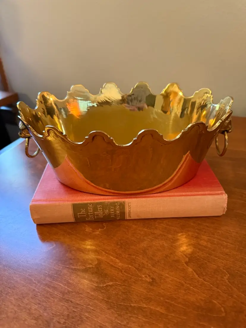 ☀️ 10” W x 4” H Vintage Brass Crown Cachepot With Lion Handles