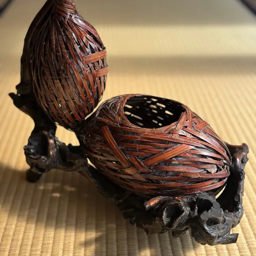 Japanese Hyotan Double-Gourd Hanakago Ikebana Basket with natural root stand.