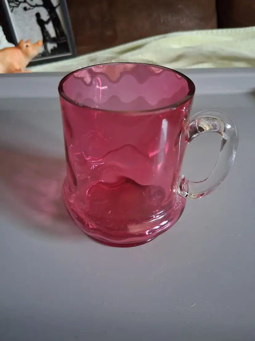 Antique English Victorian Cranberry Optic Glass Mug circa Mid 1800s