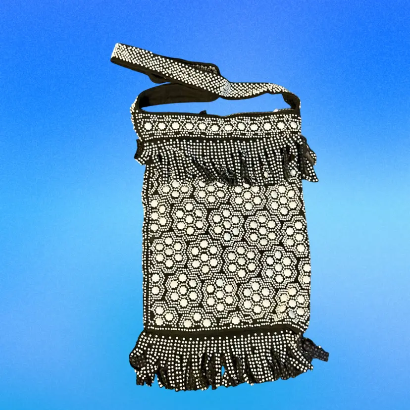 Beaded Shoulder Bag Purse Boho Black and White Fringed Handbag (KK)