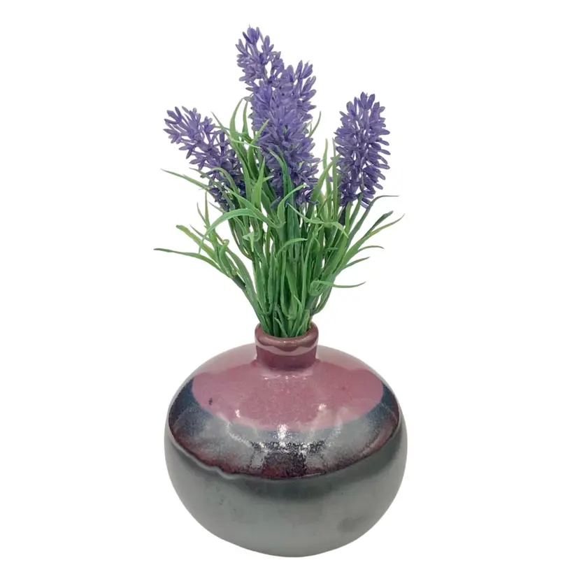 Studio Pottery Bud Vase, Round Squat, Purple/Navy/Matte Silver Black, 4.2"x 3.6"