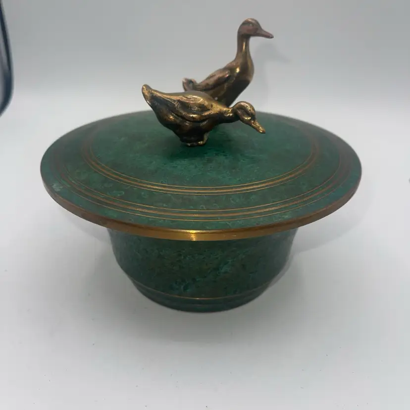 Carl Sorensen Verdigris Bronze Art Deco Lidded Bowl Mallard Duck Finial Vintage