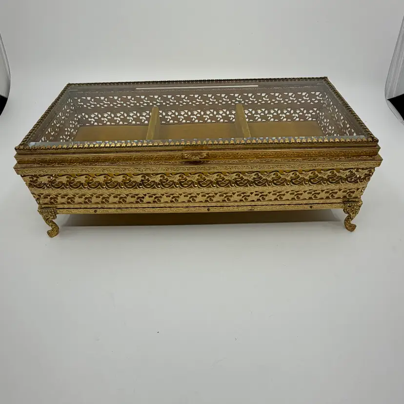 Gold Ornate Ormolu Jewelry Box Glass Lid Footed Casket Vanity Dresser Box