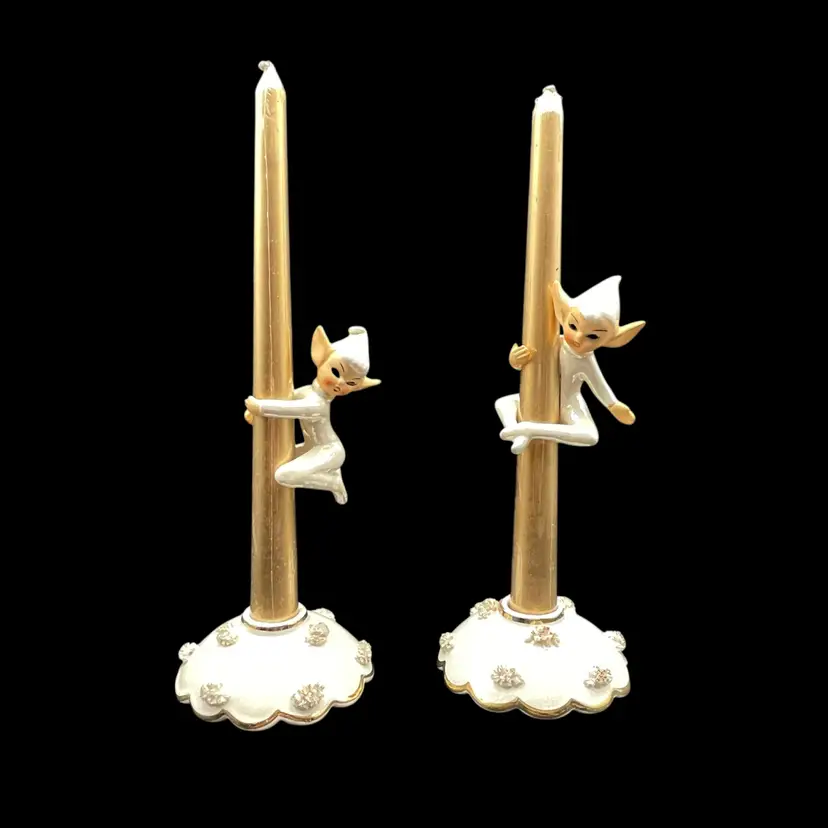 VTG Holt Howard Pearlized Pixie Candle Hugger Pair & HH 1958 Candleholders Pair