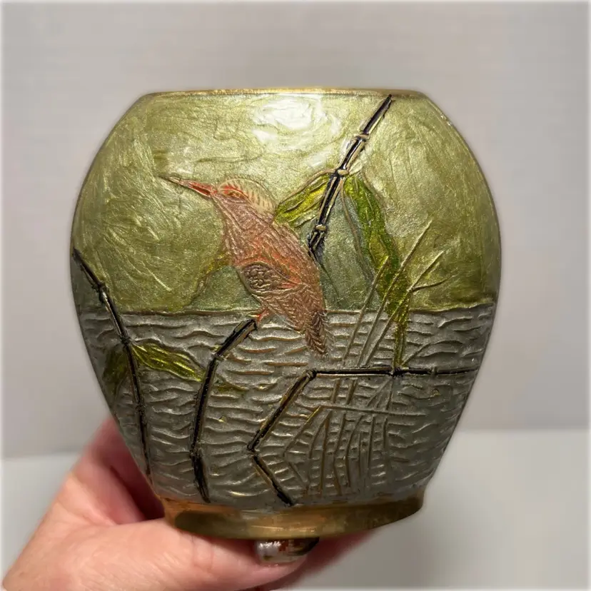 Enamel Work Brass Vase Hand Painted Bird | 3.75”
