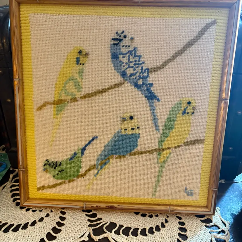 Vintage framed bird needlework art