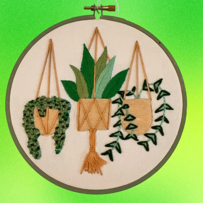 6” Embroidery Of Plants And Hangers Artisan Made