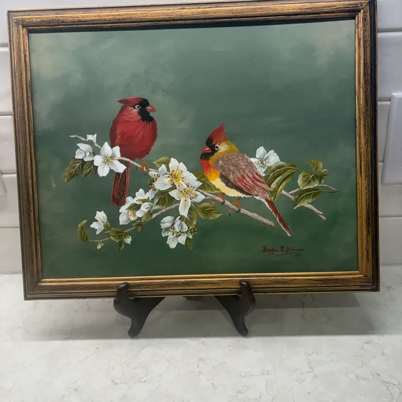 Framed Original Painting Pair Cardinals in Blossom Tree Signed Sandra L Johnson