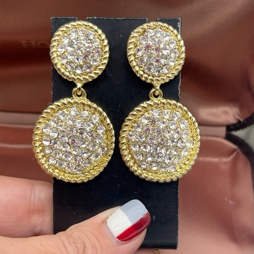 80s/90s Vintage Swarovski Crystal Double Medallion Drop Earrings Gold Tone